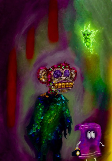 A surreal digital painting featuring a multi-eyed, toothy creature in green and purple tones, accompanied by a small glowing green fairy-like being in the upper right and a purple blob character with eyes in the lower right.