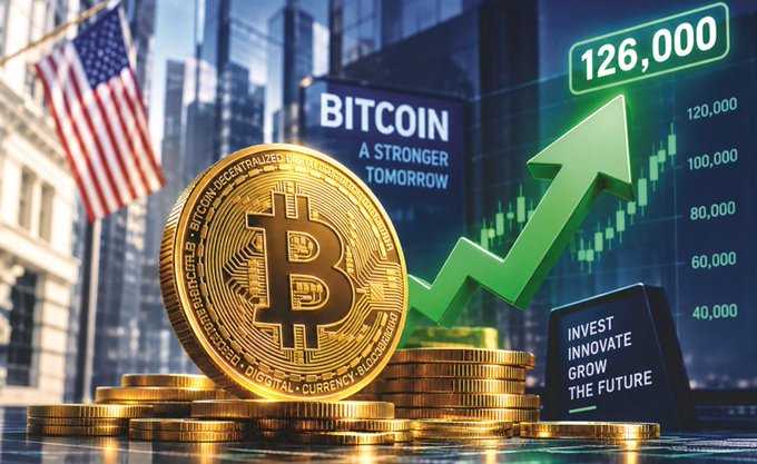 A gold Bitcoin coin sits in front of an upward green chart pointing to "126,000," with text reading "BITCOIN - A STRONGER TOMORROW" and "INVEST INNOVATE GROW THE FUTURE," visually illustrating the post's prediction of three factors driving Bitcoin to reach $126,000.