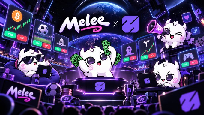 A colorful promotional banner for "Melee" featuring cute cartoon mascot characters, betting interfaces with YES/NO buttons for Bitcoin, Tesla, and gaming topics, set against a cosmic purple background.