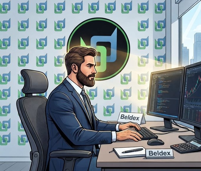 An illustrated scene showing a bearded man in a blue suit working at dual computer monitors with stock charts, with a large cryptocurrency logo on the wall behind him and 'Beldex' nameplates on the desk.