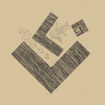 A black ink drawing on beige paper featuring a large, heavily shaded L-shaped form, accompanied by small line drawings of cubes, mushrooms, and a tiny framed picture.