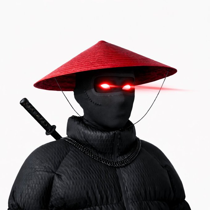 A stylized 3D render of a ninja figure wearing a red conical hat and a black puffer jacket, with glowing red eyes and a sword strapped to their back, set against a white background.