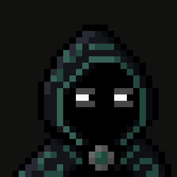 A pixel art character with a dark hooded cloak and glowing white eyes against a black background.