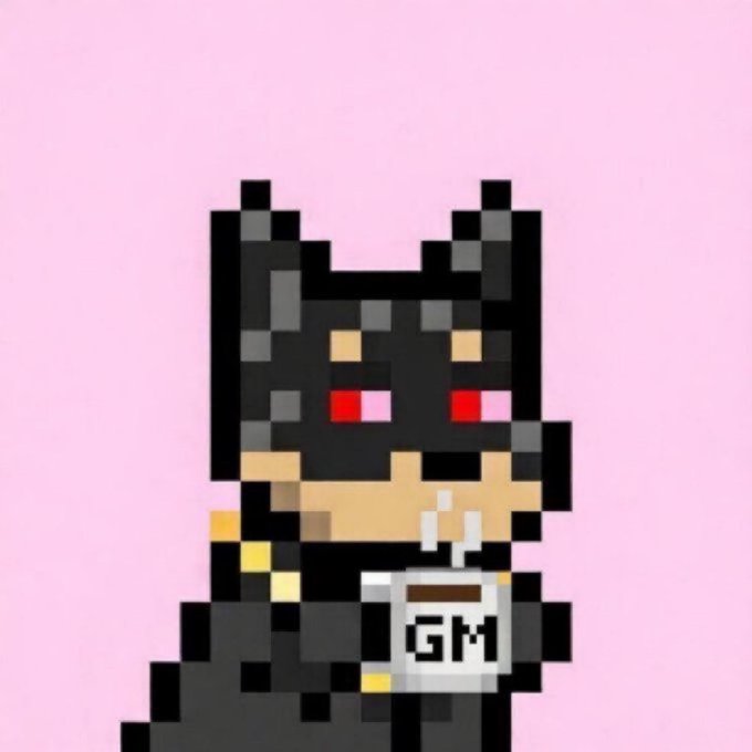 A pixel art character with red eyes wearing a dark mask is depicted on a pink background. On their chest is a white cup labeled "GM" with steam rising from it, matching the "GM Legends" crypto/internet slang reference in the post.
