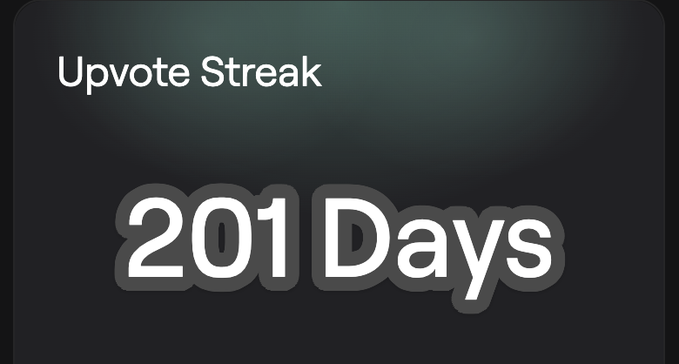 A dark digital graphic displays the text "Upvote Streak" at the top with "201 Days" prominently featured in large white letters.