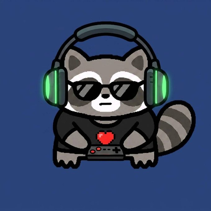 A cartoon illustration of a raccoon wearing black sunglasses and a black shirt with a pixel heart, holding a video game controller while wearing large green-glowing gaming headphones against a dark blue background.