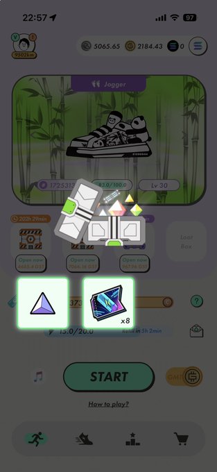 A mobile game screenshot showing a Jogger sneaker NFT card and loot box rewards interface, with the phone time at 22:57.