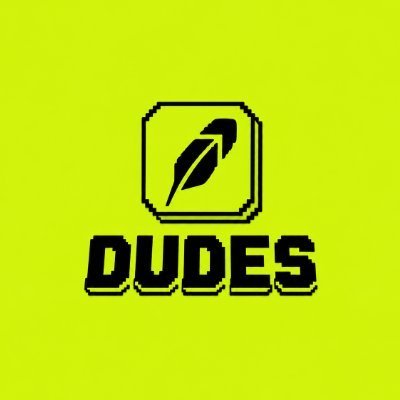 A pixel-art style logo on an olive green background featuring a feather/quill inside an octagonal frame above the word 'DUDES' in bold black letters.