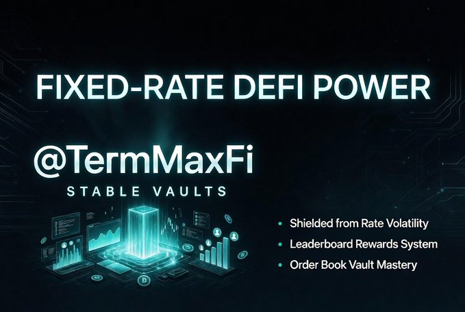 The image features a poster for TermMaxFi's fixed-rate defi power, with a focus on their leaderboard system that rewards users for engaging with the platform. The poster includes a graphic of a blue cube surrounded by various icons representing different aspects of the leaderboard system, such as "shielded from rate volatility", "leaderboard reward system", and "order book vault". The text in the image reads: "Fixed-rate defi power @TermMaxFi stable vault".