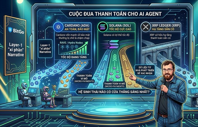 A Vietnamese-language infographic titled 'CUỘC ĐUA THANH TOÁN CHO AI AGENT' compares the Layer-1 blockchain 'xì phàn' narratives of Cardano (ADA), Solana (SOL), and XRP Ledger (XRP) in terms of payment speed and micro-payments.