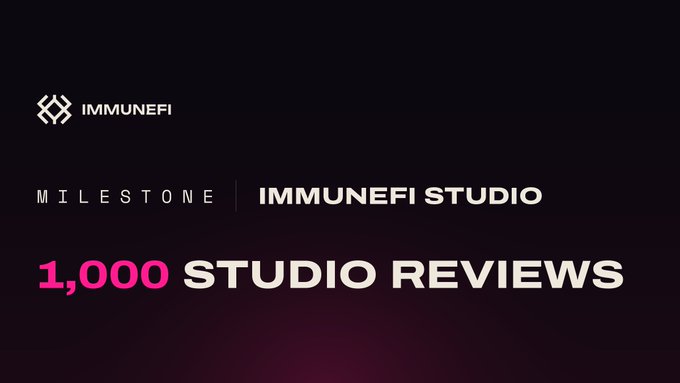 A promotional graphic for IMMUNEFI announcing a 'MILESTONE' of '1,000 STUDIO REVIEWS' on a dark background with pink and white text.