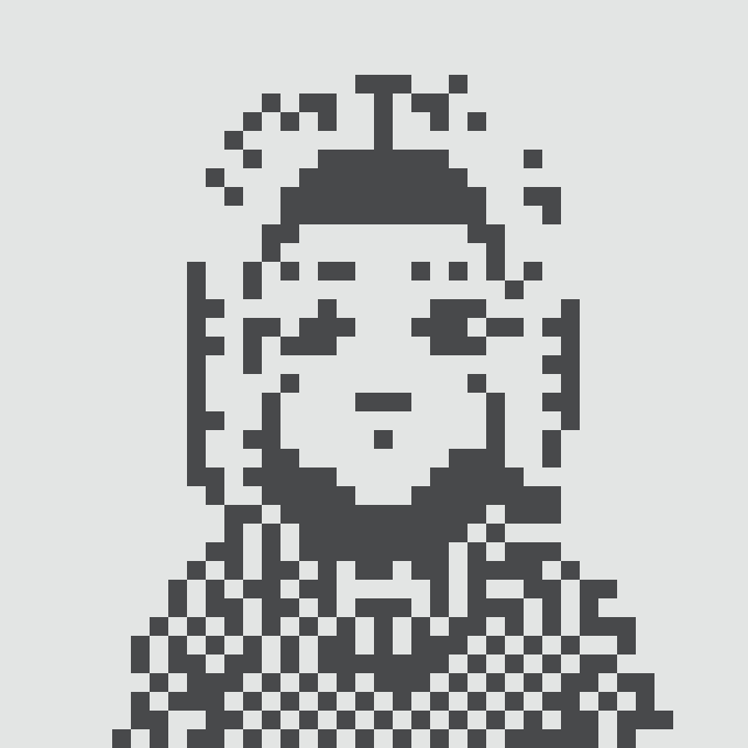 A pixelated portrait-style illustration of a person with short hair wearing a checkered patterned shirt on a white background.