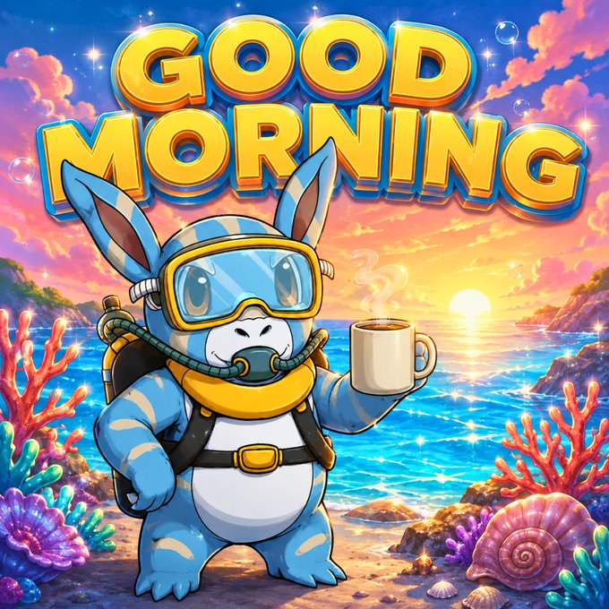 A vibrant, cartoon-style illustration shows a blue rabbit wearing diving goggles and a snorkel, holding a steaming coffee mug on a tropical beach at sunset, with the large yellow text 'GOOD MORNING' displayed above.