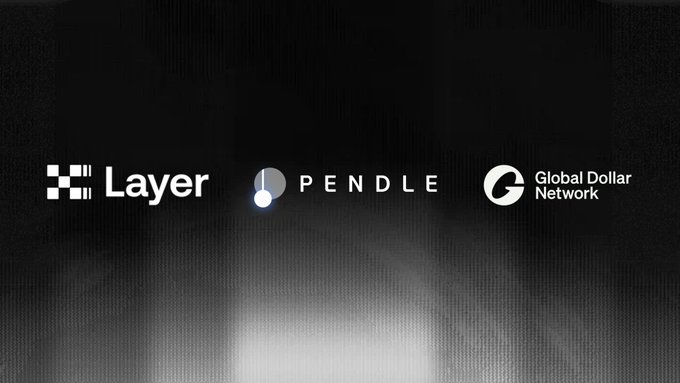 A black screen displaying white logos for "Layer", "PENDLE", and "Global Dollar Network".