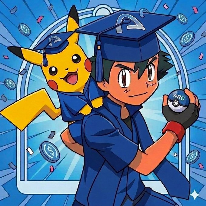 An anime-style illustration of Ash Ketchum and Pikachu wearing blue graduation caps with the Pokémon 'A' logo, as Ash holds a Pokéball, surrounded by falling coins and confetti.