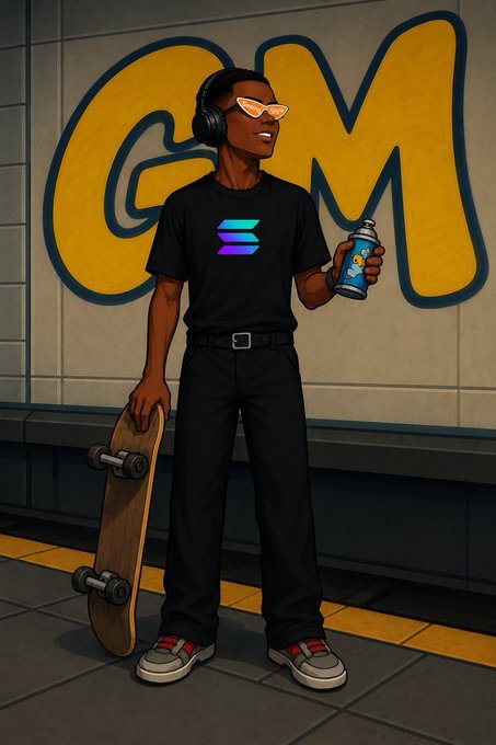 An animated illustration of a man wearing headphones and a black t-shirt with a Solana logo, holding a skateboard and a spray paint can, standing in front of a wall with 'GM' graffiti.