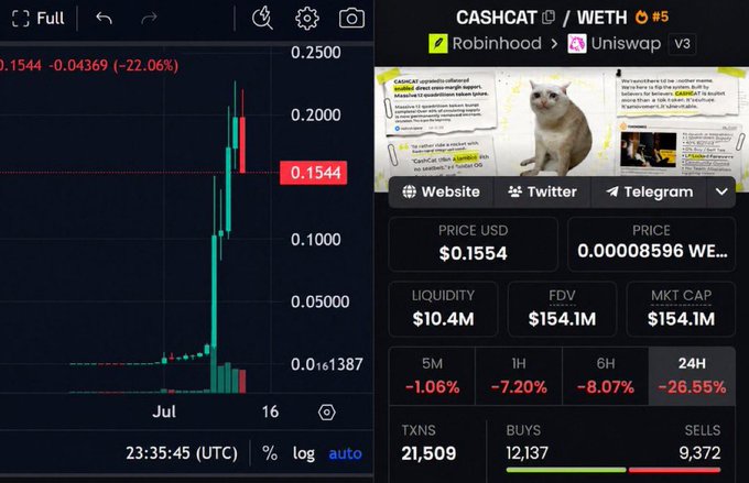 A crypto trading interface for the CASHCAT token on the WETH pair, showing a price of $0.1554 with a 22.06% drop, listed on Robinhood and Uniswap v3.