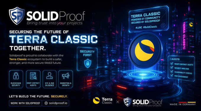 Promotional graphic for 'SOLIDproof' collaborating with Terra Classic, with text 'SECURING THE FUTURE OF TERRA CLASSIC TOGETHER' and tags #LUNC #BuildClassic.