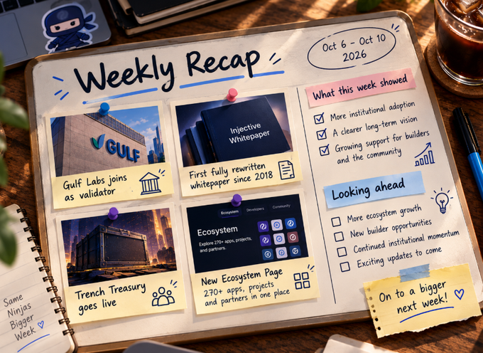 A "Weekly Recap" board for Oct 6 - Oct 10, 2026, styled like a physical notebook with pinned notes about "Gulf Labs joins as validator," an "Injective Whitepaper," "Trench Treasury goes live," and a "New Ecosystem Page."