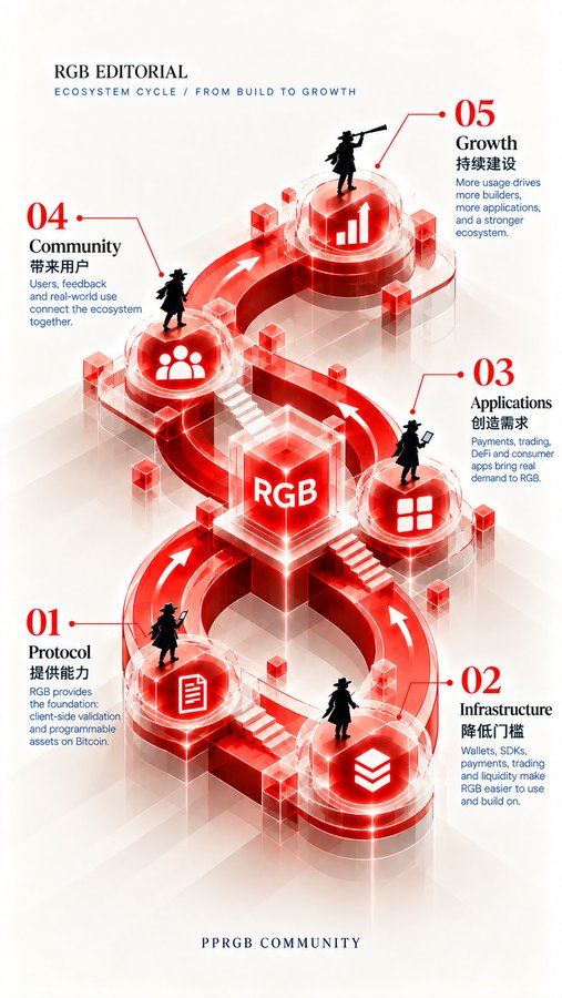 An infographic titled 'RGB EDITORIAL: ECOSYSTEM CYCLE / FROM BUILD TO GROW,' detailing a 5-step process (Protocol, Infrastructure, Applications, Community, Growth) with character figures walking on a red isometric path.