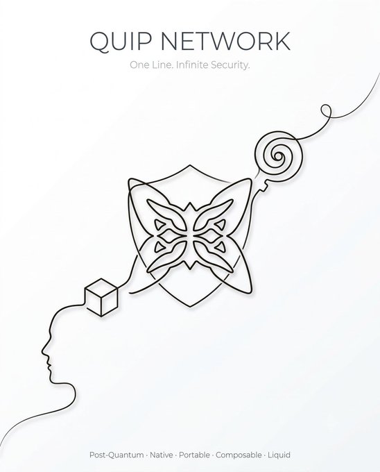 A minimalist poster for QUIP NETWORK featuring the text 'One Line. Infinite Security.' and a continuous line drawing of a face, shield, and butterfly, with 'Post-Quantum · Native · Portable · Composable · Liquid' at the bottom.