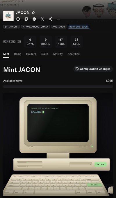 A NFT minting page for 'JACON' on the Robinhood Chain shows a countdown of 9 days, 37 hours, and 38 seconds until minting begins, featuring an image of a vintage computer displaying 'JACON DOS 6.22 - 640K OK'.