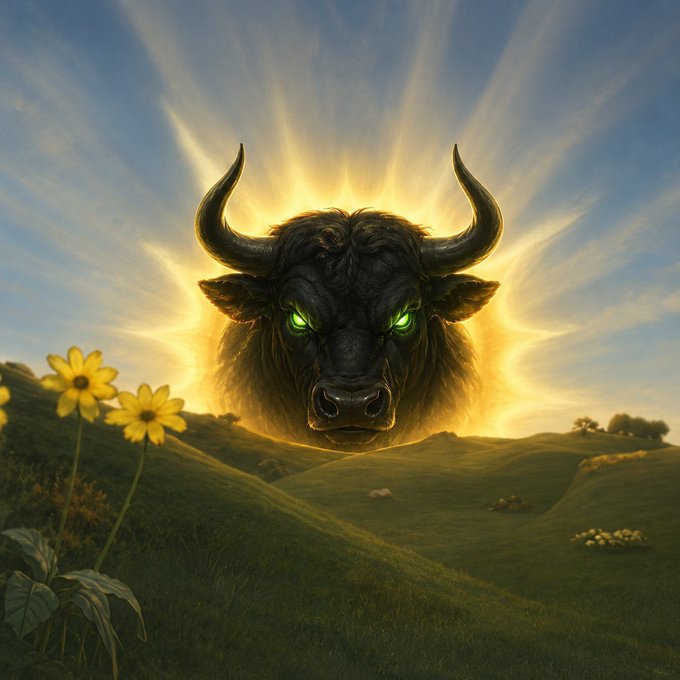 A dramatic digital illustration featuring the head of a black bull with glowing green eyes emerging from a radiant sun, set against rolling green hills with yellow flowers in the foreground.