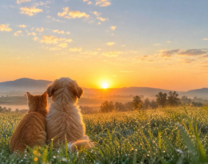 An orange cat and a fluffy golden dog sit together in a meadow of wildflowers, watching a golden sunset over distant mountains.