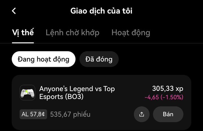 A mobile trading app screen titled "Giao dịch của tôi" (My Transactions) showing an active position for "Anyone's Legend vs Top Esports (BO3)" with a value of 305,33 xp, down 4,65 (-1.50%), priced at AL 57,8¢ with 535,67 shares, and options to upload or sell.