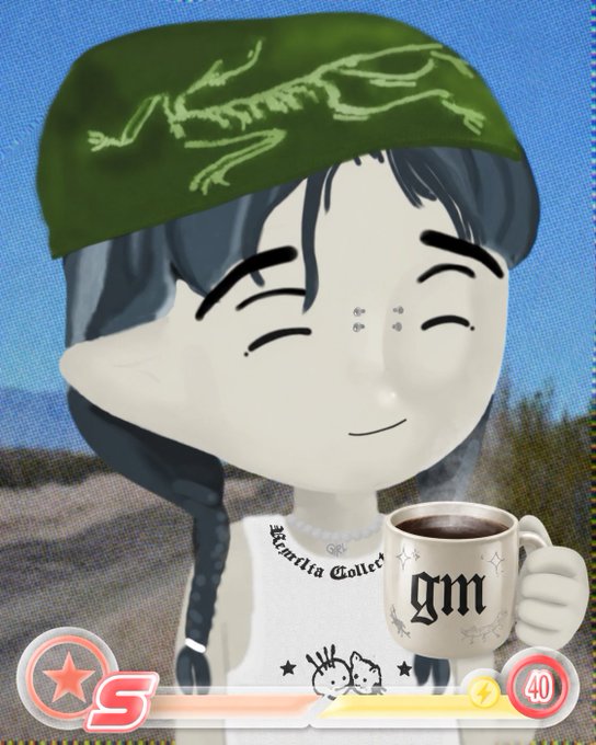 The image features a cartoon character with long hair, wearing a green bandana hat that has a dinosaur design on it. The character is holding a coffee cup in their right hand while smiling at the camera. The background of the image shows a desert landscape under a blue sky.