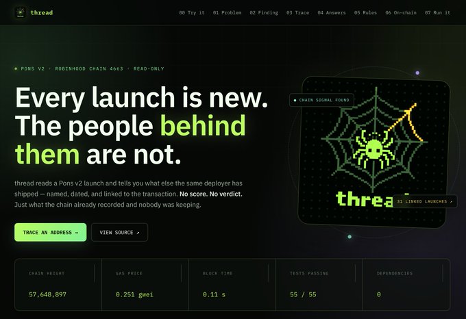A website for 'thread' featuring the tagline 'Every launch is new. The people behind them are not' with stats showing chain height 57,648,897, gas price 0.251 gwei, and block time 0.11s.