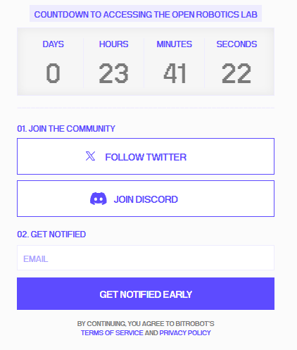 A countdown page for 'ACCESSING THE OPEN ROBOTICS LAB' shows 0 days, 23 hours, 41 minutes, and 22 seconds remaining, with buttons to 'FOLLOW TWITTER' and 'JOIN DISCORD,' plus an email signup for early notification under Bitrobot's terms.