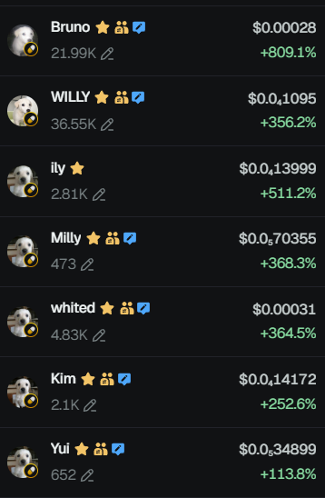Dark-themed leaderboard listing usernames (Bruno, WILLY, ily, Milky, whited, Kim, Yui) with dollar values and percentage gains shown in green.