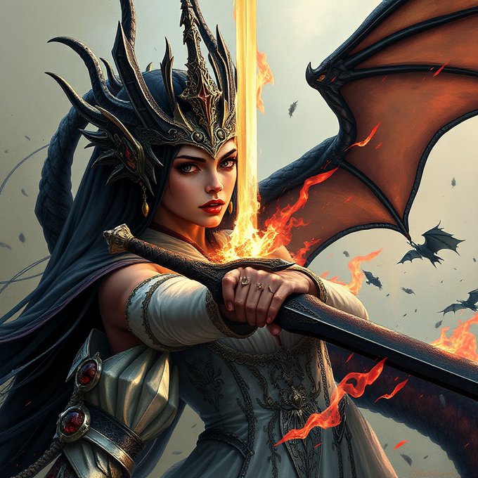 A digital fantasy illustration depicts a fierce warrior woman with dark hair, wearing an ornate spiked crown and white and gold armor, gripping a flaming sword with large dragon wings and bats in the background.