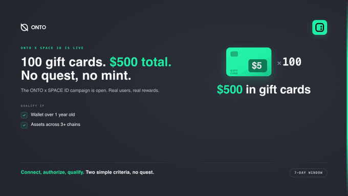 The image features a screenshot of a webpage with an advertisement for ONTO Space Bank. The ad promotes the launch of ONTO x @SPACEID, which offers 100 gift cards worth $5 each as a prize for users who can provide their email addresses. These prizes will be delivered to them within seven days. 

The post also includes information about the benefits of joining the service and emphasizes that the user is not required to pay any fees or contribute to in-app purchases in order to access these gift cards. This suggests that the app focuses on making payments seamless for users, without disrupting their gaming experience by imposing cost barriers or interruptions.