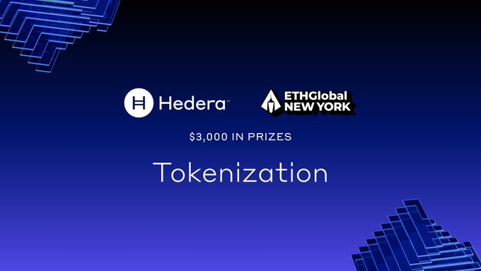 The image shows a promotional advertisement for the Tokenization challenge sponsored by Hedera. The backdrop features blue text against a gradient of blue and purple colors that reads "Tokenization on Hedera - $3K (2 winners) Build a tokenization application using Hedera'S native token service lets you ...". The title at the top of the image is "Tokenization" with the text "Building a tokenization application". The prize for winning is $3,000.