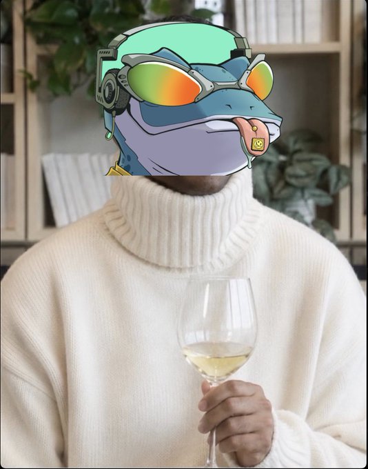 A person wearing a cream turtleneck sweater holding a glass of white wine, with a cartoon frog wearing sunglasses and a headset edited over their face.