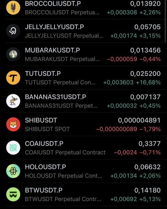 The image shows a cryptocurrency trading list displaying real-time prices and 24-hour percentage changes for various assets including BROCCOLIUSDT.P (+2.26%), JELLYJELLYUSDT.P (+3.15%), MUBARAKUSDT.P (-0.44%), TUTUSDT.P (+16.68%), BANANAS31USDT.P (+0.45%), SHIBUSDT (-1.79%), COAIUSDT.P (-0.71%), HOLOUSDT.P (+2.06%), and BTWUSDT.P (+5.13%), supporting the poster's claim about constantly monitoring market fluctuations across multiple meme coin perpetuals.
