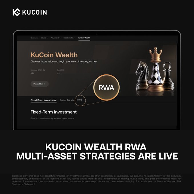 The image shows a promotional graphic for KuCoin Wealth's newly launched RWA Multi-Asset Strategies feature, displayed on a tablet screen against a black background. The interface shows the KuCoin Wealth page with navigation tabs including Overview, Stable, Advanced, RCS Benefits, and KuCoin Wealth, along with a holdings display showing BTC and PNL metrics, and investment options for Fixed-Term Investment, Quant Funds, and RWA. Chess pieces including a king, knight, and pawn are featured alongside the "RWA" logo, while bold text below announces "KUCOIN WEALTH RWA MULTI-ASSET STRATEGIES ARE LIVE," directly supporting the post's announcement of live institutional multi-asset investment strategies like the All-Weather Multi-Asset Strategy and Crypto Assets Multi-Strategy being accessible via USDT.