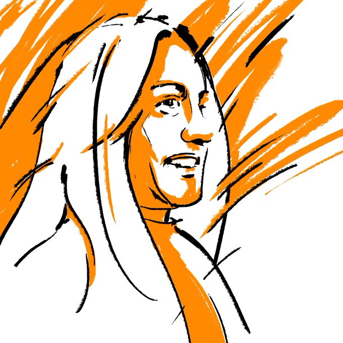 A sketchy, orange and black ink-style portrait of a smiling woman with long hair.
