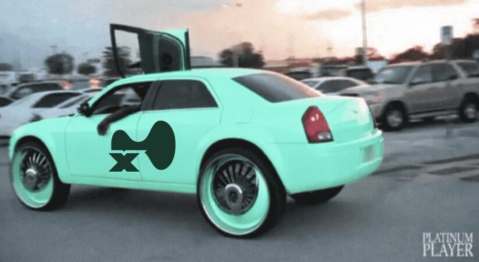 A mint-green customized Chrysler 300 with oversized wheels displays the "xx" symbol on its side, tying into the "$xHYPE" post by transforming the currency's branding into bold street-style automotive artwork, with a "PLATINUM PLAYER" watermark in the corner.