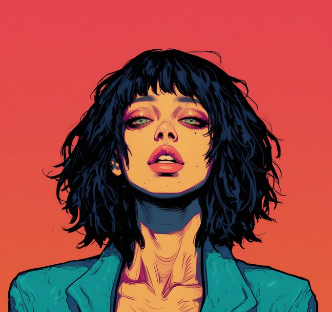 A vibrant pop-art style digital illustration of a woman with short black hair and green eyes against a red-orange background.