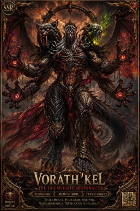 The image features a poster for "VORAHTH KEL" with a dragon-like creature as its central figure, surrounded by flames and other elements that give off an intense atmosphere. The poster also includes text about the game's mythology and backstory, suggesting that this is a promotional material related to the game.