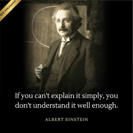 The image is a sepia-toned portrait of Albert Einstein standing before a chalkboard, overlaid with his famous quote: "If you can't explain it simply, you don't understand it well enough." The image relates to the post by reinforcing the idea that conspiracy theories and word salad analyses fail Einstein's test of true understanding—genuine comprehension is demonstrated through clear, simple explanation rather than convoluted jargon or paranoid speculation.