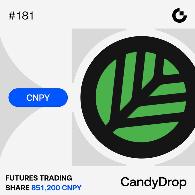 The image promotes the CandyDrop #181 futures trading event for CNPY (Canopy Network), highlighting a reward pool of 851,200 CNPY tokens to be earned by completing tasks such as trading 700 USDT or 2,000 USDT in CNPY futures, with up to 650 CNPY (≈130 USDT) available for higher-volume traders, alongside referral incentives.
