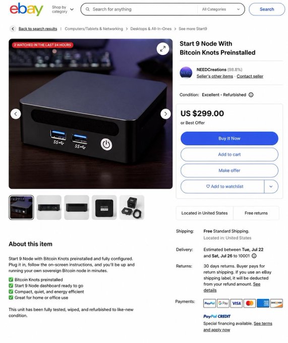 eBay listing for a 'Start 9 Node With Bitcoin Knots Preinstalled' by NEEDCreations, priced at US $299.00, in Excellent-Refurbished condition.