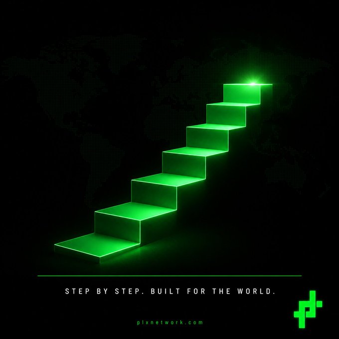 Promotional graphic with glowing green stairs ascending diagonally, reading "STEP BY STEP. BUILT FOR THE WORLD." with plxnetwork.com.