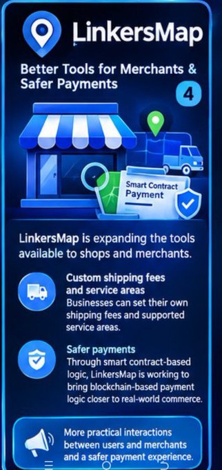 A promotional graphic for 'LinkersMap' featuring 'Better Tools for Merchants & Safer Payments' with a store and truck illustration, highlighting custom shipping fees and smart contract-based payment logic.