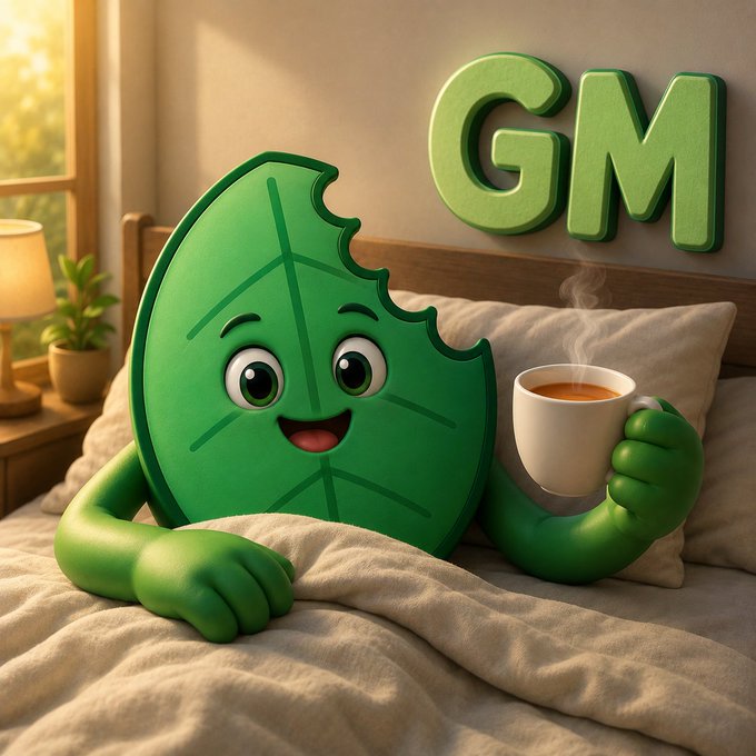 A 3D cartoon-style image features a green leaf mascot with a bite taken out of it, lying in bed holding a steaming cup of tea, with 'GM' in large green letters on the wall.