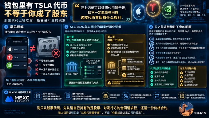 An informational graphic in Chinese discusses TSLA tokenized stock and SEC 2026 regulations, featuring logos for Apple, TSLA, NVDA, and MEXC.